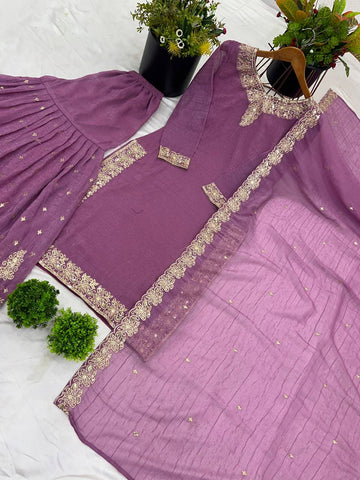 Reception Wear Lavender Color Heavy Crunchy Silk With Heavy Embroidery Sequence Work Sharara Suit