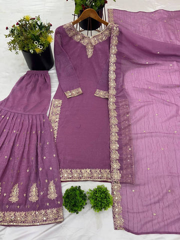 Reception Wear Lavender Color Heavy Crunchy Silk With Heavy Embroidery Sequence Work Sharara Suit