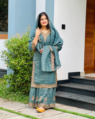 Reception Wear Aqua Green Color Heavy Crunchy Silk With Heavy Embroidery Sequence Work Sharara Suit