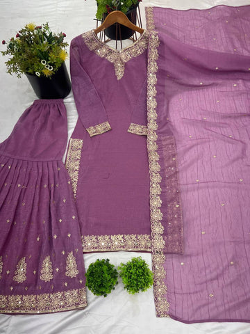 Reception Wear Lavender Color Heavy Crunchy Silk With Heavy Embroidery Sequence Work Sharara Suit
