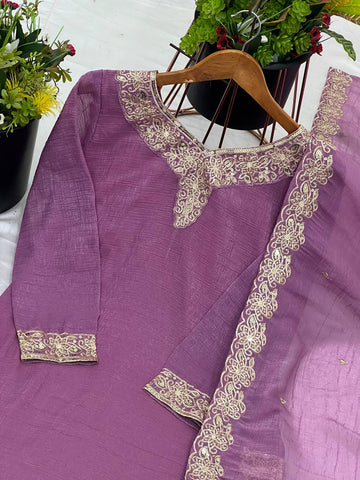 Reception Wear Lavender Color Heavy Crunchy Silk With Heavy Embroidery Sequence Work Sharara Suit