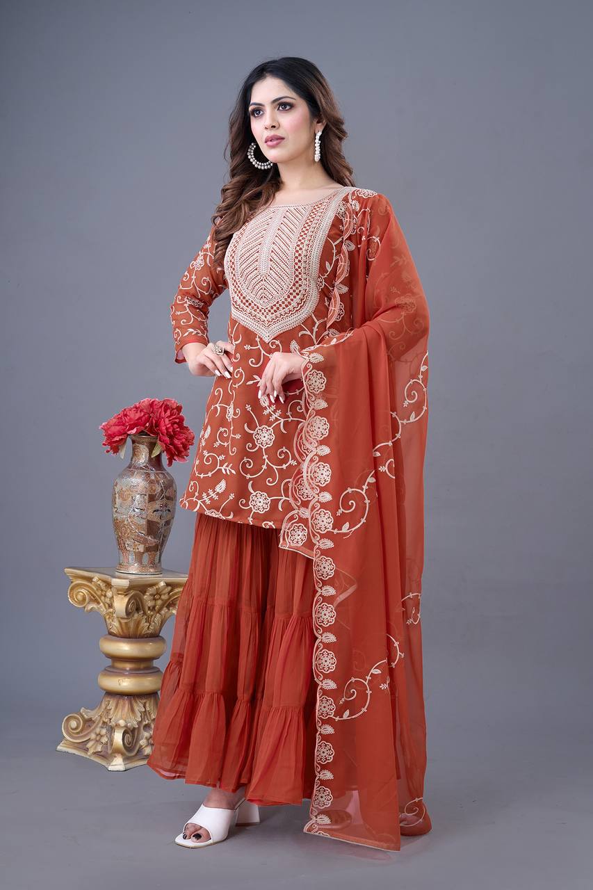 Ceremony Wear Orange Color Heavy Georgette Embroidery Work Sharara Suit