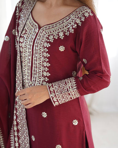 Function Wear Maroon Color Pure Heavy Chinon Silk With Embroidery And 5mm Sequence Work Sharara Suit