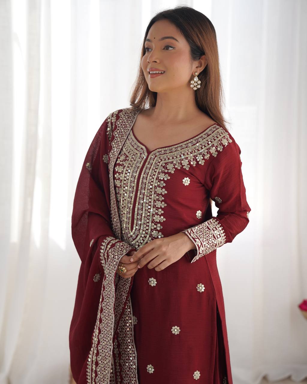 Function Wear Maroon Color Pure Heavy Chinon Silk With Embroidery And 5mm Sequence Work Sharara Suit