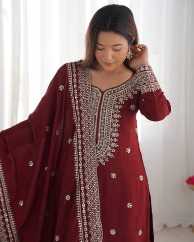 Function Wear Maroon Color Pure Heavy Chinon Silk With Embroidery And 5mm Sequence Work Sharara Suit