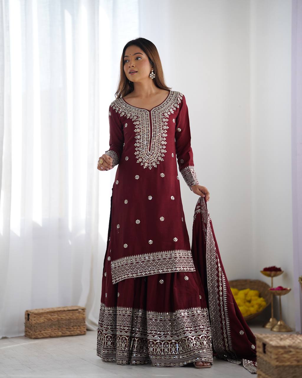 Function Wear Maroon Color Pure Heavy Chinon Silk With Embroidery And 5mm Sequence Work Sharara Suit
