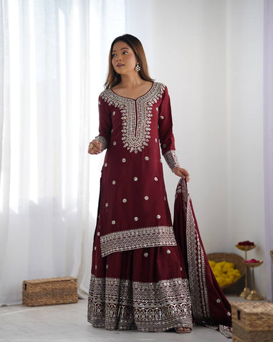 Function Wear Maroon Color Pure Heavy Chinon Silk With Embroidery And 5mm Sequence Work Sharara Suit
