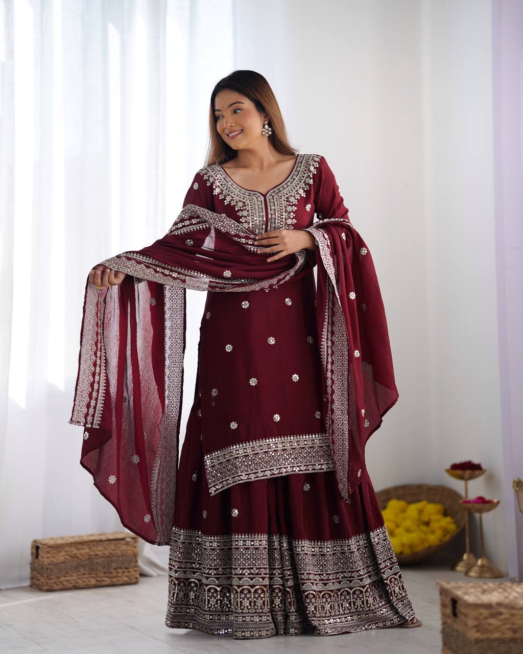 Function Wear Maroon Color Pure Heavy Chinon Silk With Embroidery And 5mm Sequence Work Sharara Suit