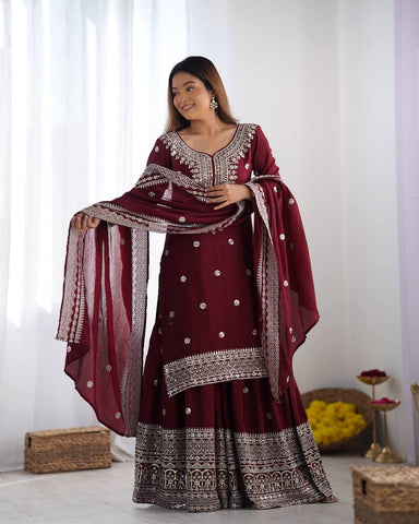 Function Wear Maroon Color Pure Heavy Chinon Silk With Embroidery And 5mm Sequence Work Sharara Suit