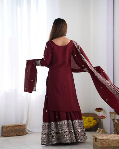 Function Wear Maroon Color Pure Heavy Chinon Silk With Embroidery And 5mm Sequence Work Sharara Suit