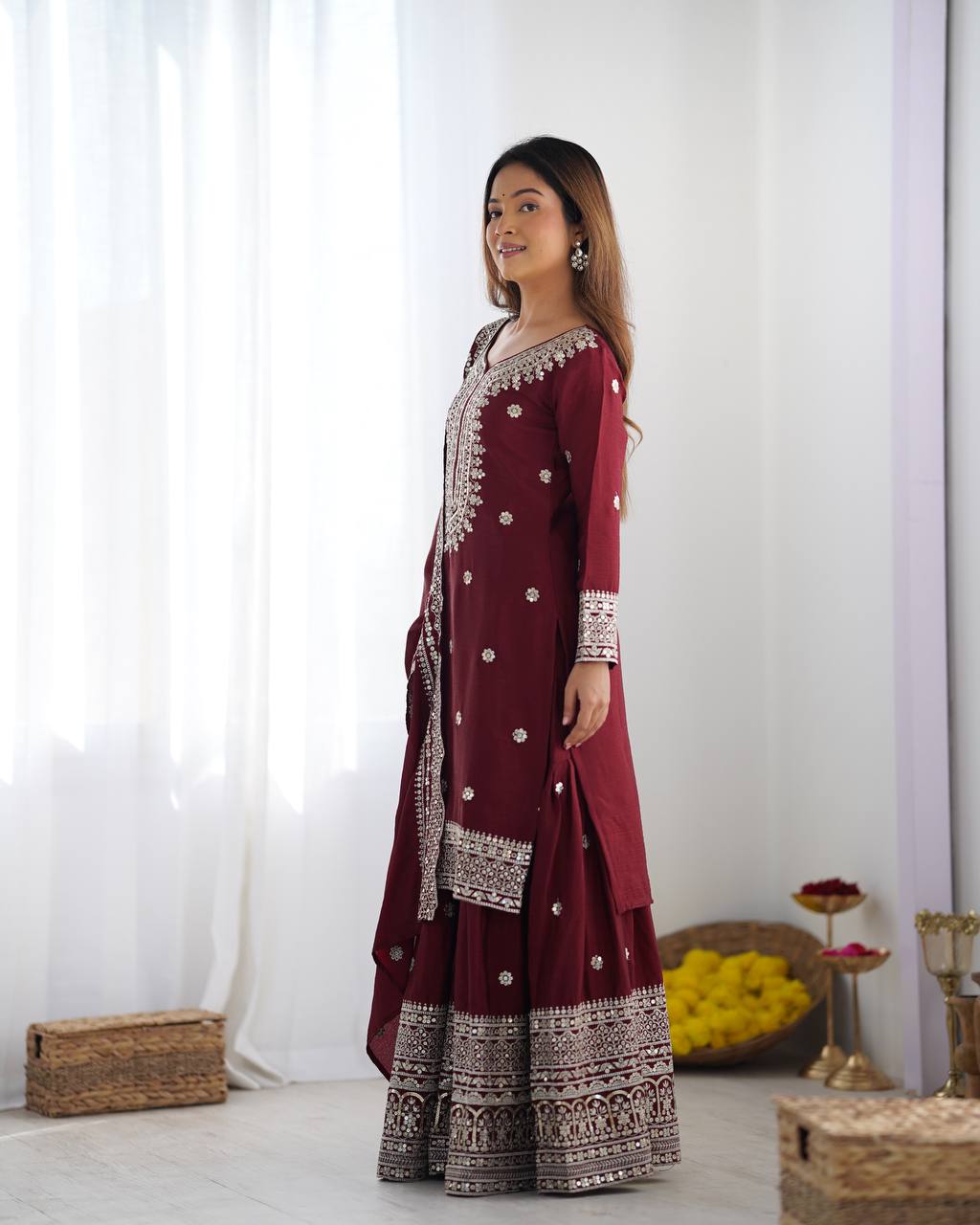 Function Wear Maroon Color Pure Heavy Chinon Silk With Embroidery And 5mm Sequence Work Sharara Suit