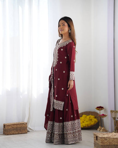 Function Wear Maroon Color Pure Heavy Chinon Silk With Embroidery And 5mm Sequence Work Sharara Suit