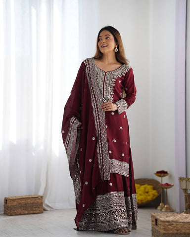 Function Wear Maroon Color Pure Heavy Chinon Silk With Embroidery And 5mm Sequence Work Sharara Suit