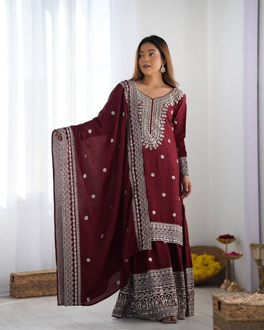 Function Wear Maroon Color Pure Heavy Chinon Silk With Embroidery And 5mm Sequence Work Sharara Suit