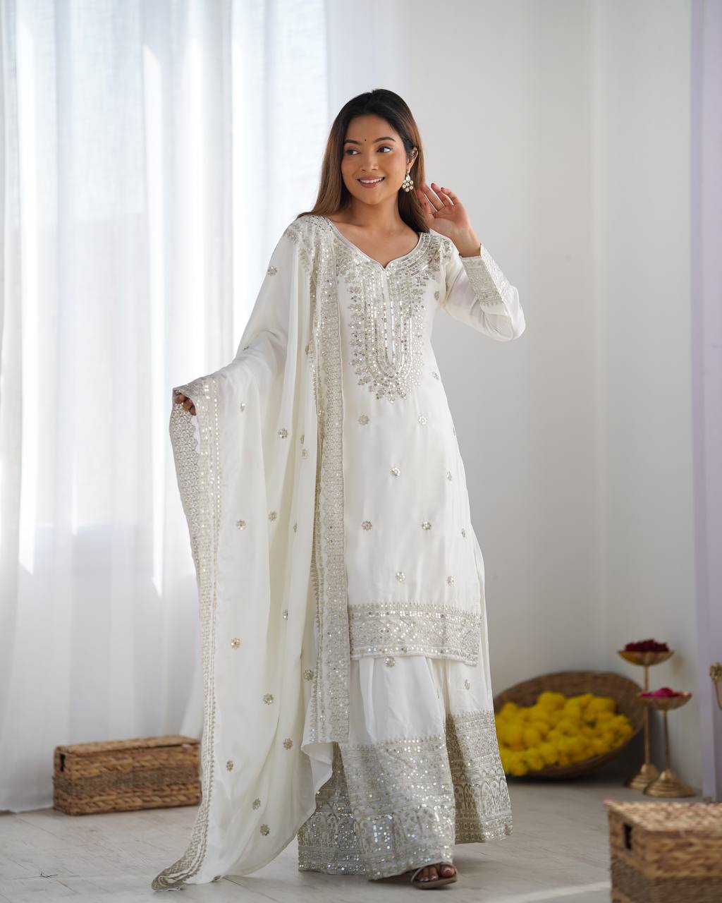 Function Wear White Color Pure Heavy Chinon Silk With Embroidery And 5mm Sequence Work Sharara Suit
