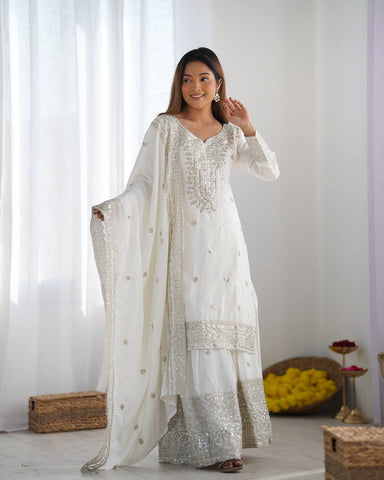 Function Wear White Color Pure Heavy Chinon Silk With Embroidery And 5mm Sequence Work Sharara Suit