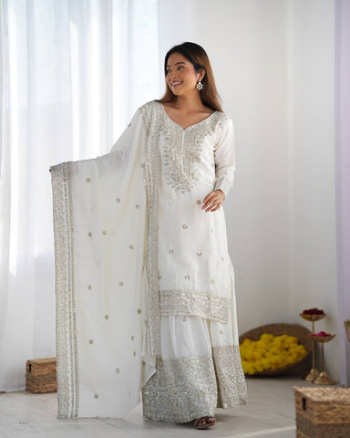 Function Wear White Color Pure Heavy Chinon Silk With Embroidery And 5mm Sequence Work Sharara Suit