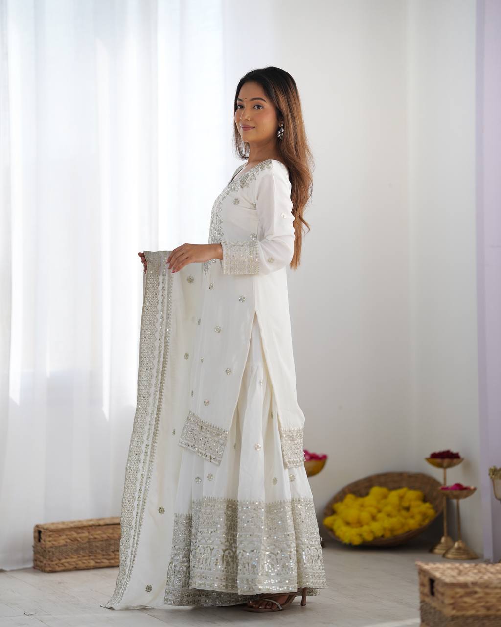 Function Wear White Color Pure Heavy Chinon Silk With Embroidery And 5mm Sequence Work Sharara Suit