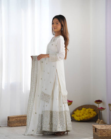 Function Wear White Color Pure Heavy Chinon Silk With Embroidery And 5mm Sequence Work Sharara Suit