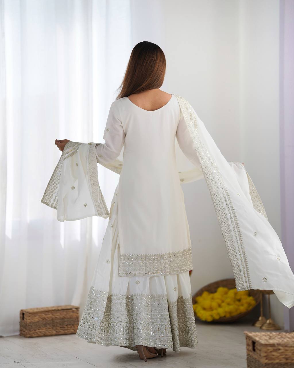 Function Wear White Color Pure Heavy Chinon Silk With Embroidery And 5mm Sequence Work Sharara Suit