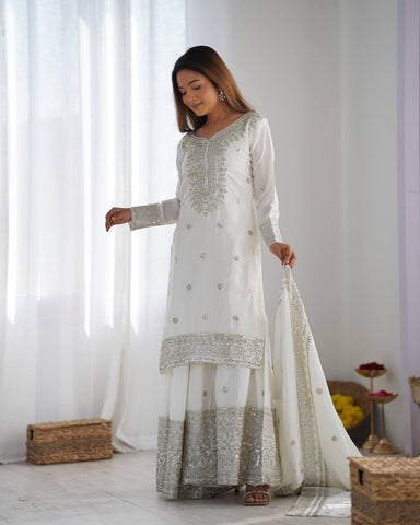 Function Wear White Color Pure Heavy Chinon Silk With Embroidery And 5mm Sequence Work Sharara Suit