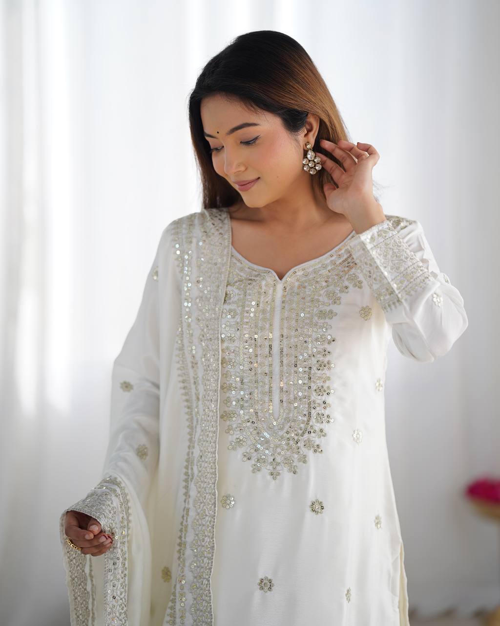 Function Wear White Color Pure Heavy Chinon Silk With Embroidery And 5mm Sequence Work Sharara Suit