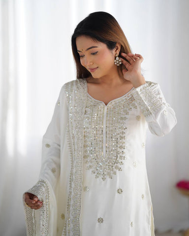 Function Wear White Color Pure Heavy Chinon Silk With Embroidery And 5mm Sequence Work Sharara Suit