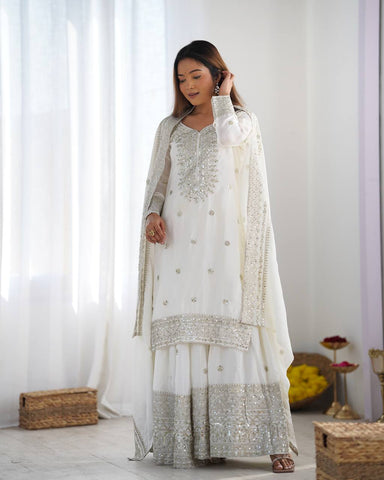Function Wear White Color Pure Heavy Chinon Silk With Embroidery And 5mm Sequence Work Sharara Suit