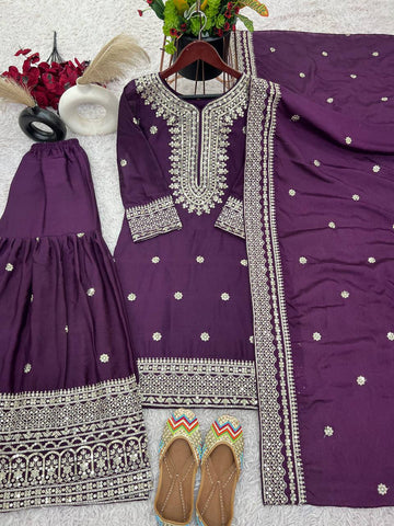 Function Wear Purple Color Pure Heavy Chinon Silk With Embroidery And 5mm Sequence Work Sharara Suit