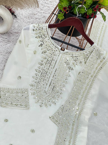 Function Wear White Color Pure Heavy Chinon Silk With Embroidery And 5mm Sequence Work Sharara Suit