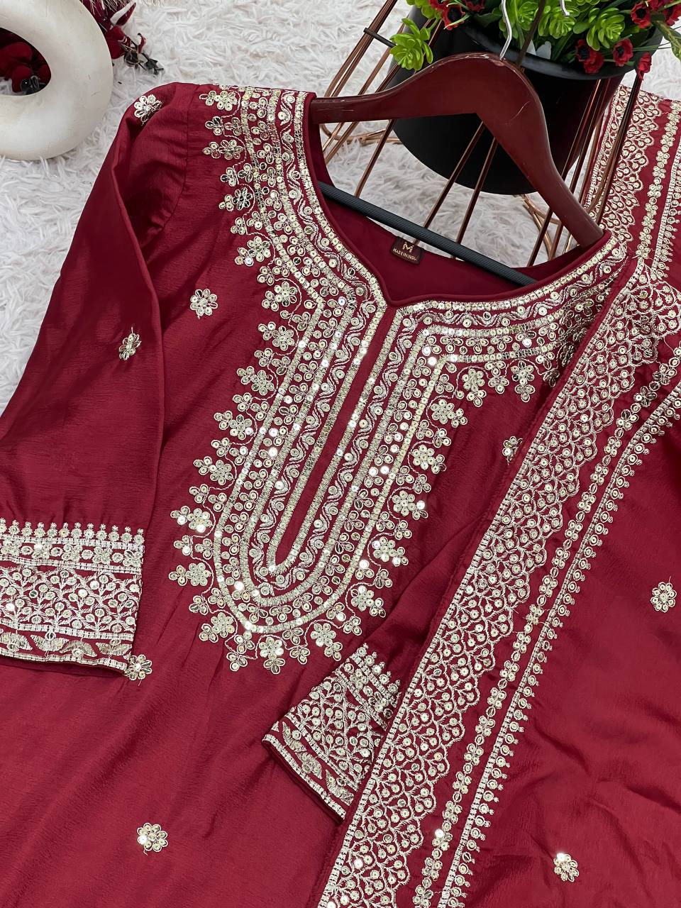Function Wear Maroon Color Pure Heavy Chinon Silk With Embroidery And 5mm Sequence Work Sharara Suit