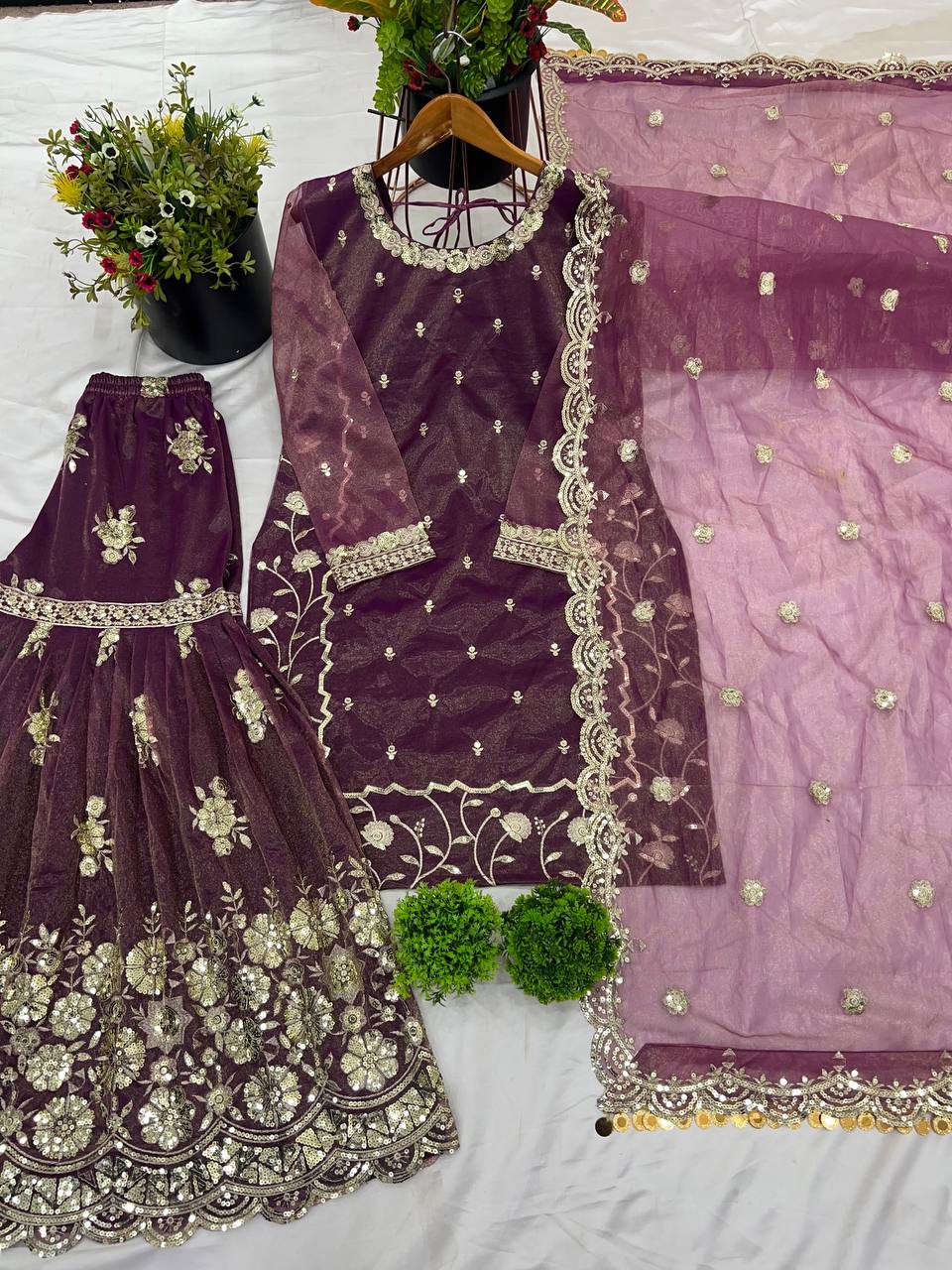 Alluring Purple Color Twill Net With Heavy Embroidery Sequence Work Sharara Suit