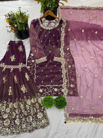 Alluring Purple Color Twill Net With Heavy Embroidery Sequence Work Sharara Suit