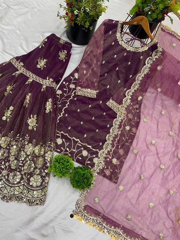 Alluring Purple Color Twill Net With Heavy Embroidery Sequence Work Sharara Suit