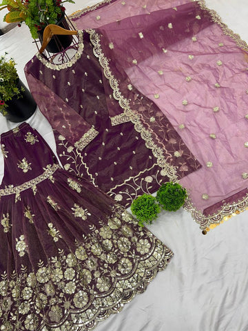Alluring Purple Color Twill Net With Heavy Embroidery Sequence Work Sharara Suit