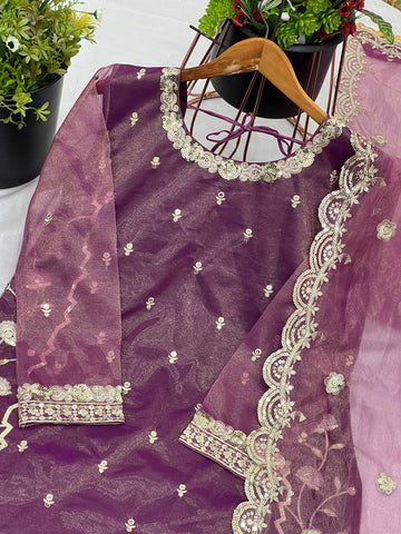 Alluring Purple Color Twill Net With Heavy Embroidery Sequence Work Sharara Suit