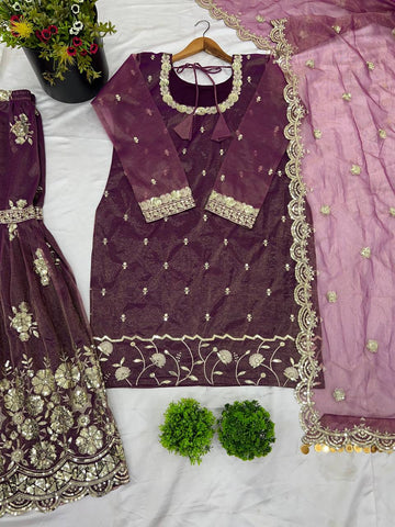Alluring Purple Color Twill Net With Heavy Embroidery Sequence Work Sharara Suit
