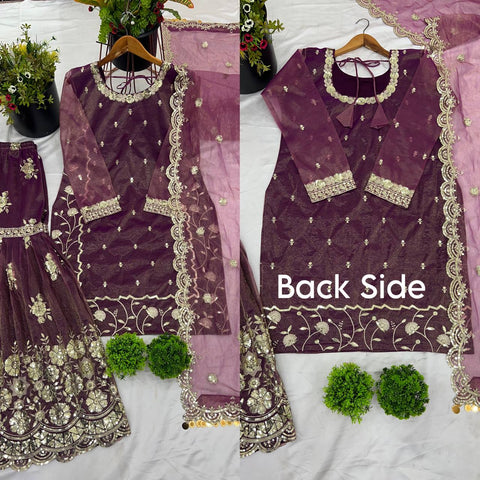 Alluring Purple Color Twill Net With Heavy Embroidery Sequence Work Sharara Suit