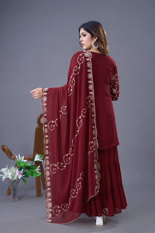 Ceremony Wear Maroon Color Heavy Georgette Embroidery Work Sharara Suit