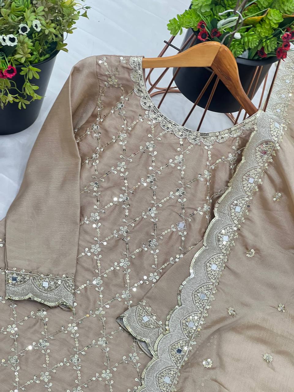 Trendy Beige Color Pure Heavy Chinnon Silk With Heavy Embroidery Sequence Work With Real Mirror Hand Work Sharara Suit