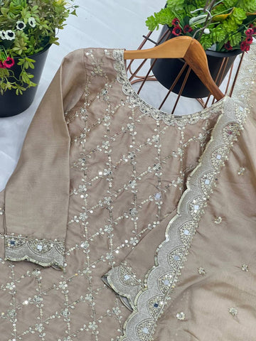 Trendy Beige Color Pure Heavy Chinnon Silk With Heavy Embroidery Sequence Work With Real Mirror Hand Work Sharara Suit