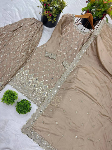 Trendy Beige Color Pure Heavy Chinnon Silk With Heavy Embroidery Sequence Work With Real Mirror Hand Work Sharara Suit