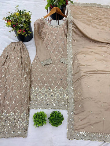 Trendy Beige Color Pure Heavy Chinnon Silk With Heavy Embroidery Sequence Work With Real Mirror Hand Work Sharara Suit
