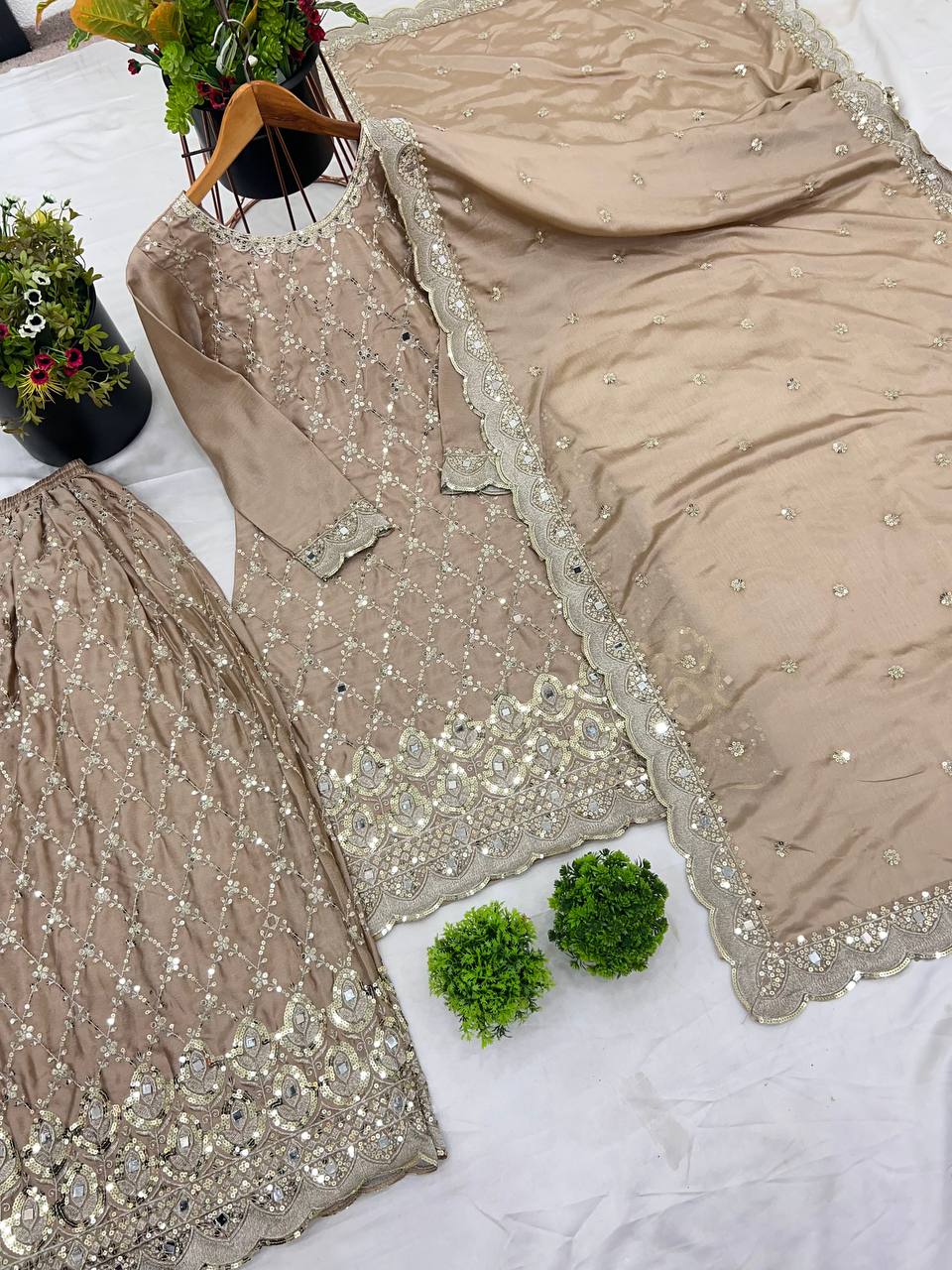 Trendy Beige Color Pure Heavy Chinnon Silk With Heavy Embroidery Sequence Work With Real Mirror Hand Work Sharara Suit