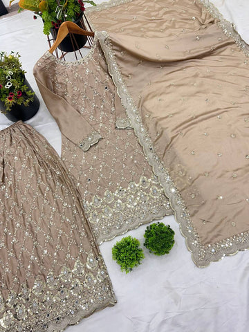 Trendy Beige Color Pure Heavy Chinnon Silk With Heavy Embroidery Sequence Work With Real Mirror Hand Work Sharara Suit