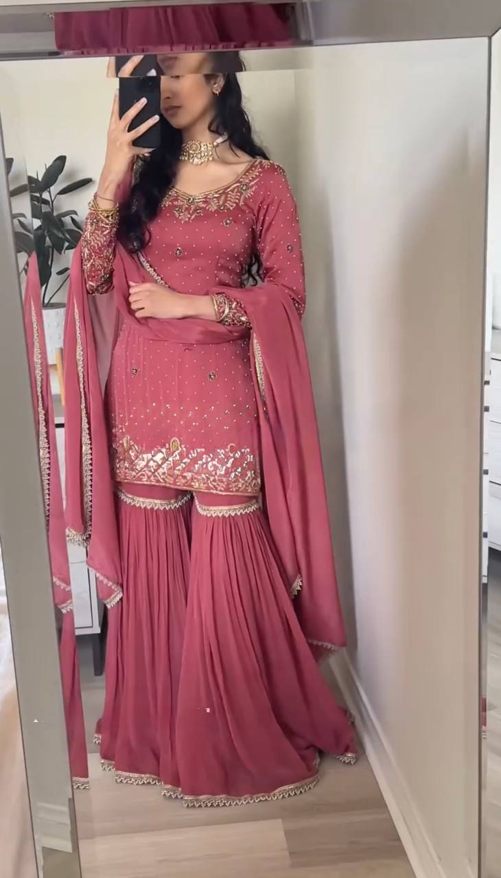 Marvelous Baby Pink Gold Crush With Heavy Embroidery Sequence Work Sharara Suit