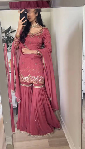 Marvelous Baby Pink Gold Crush With Heavy Embroidery Sequence Work Sharara Suit