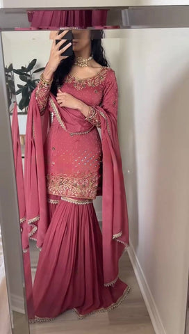 Marvelous Baby Pink Gold Crush With Heavy Embroidery Sequence Work Sharara Suit