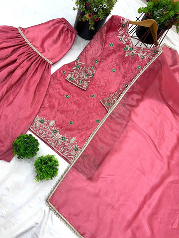 Marvelous Baby Pink Gold Crush With Heavy Embroidery Sequence Work Sharara Suit