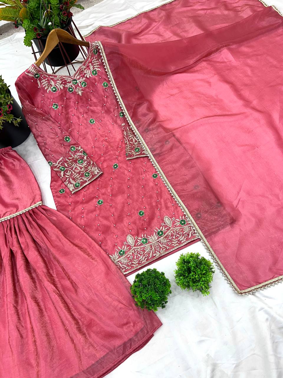 Marvelous Baby Pink Gold Crush With Heavy Embroidery Sequence Work Sharara Suit